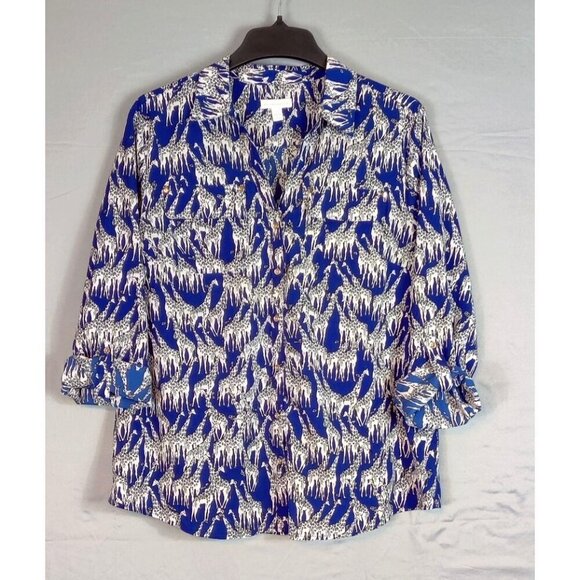 Giraffe Print Womens Blouse L Charter Club Button-Up Shirt Blue White Tab Sleeve - Picture 1 of 15